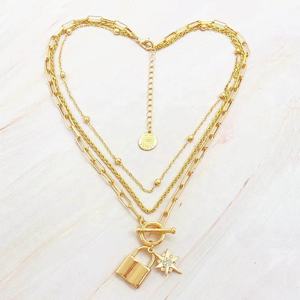 2027 New Trend Korean Jewelry Multi-layer Lock Diamond Pendant Necklace OT Buckle Alloy Gold Plated Charm Women's Necklace