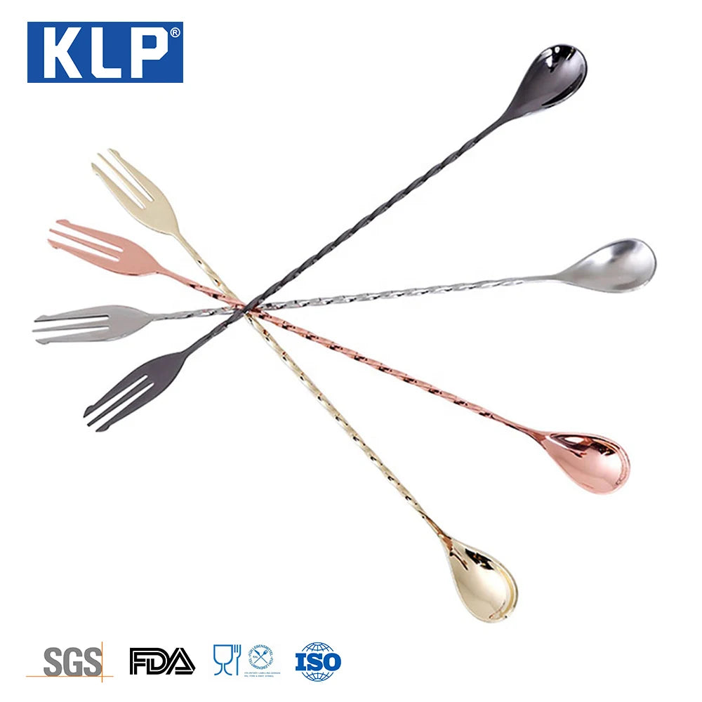 KLP bar Accessory Personalized Gold Stainless Steel Cocktail Stirring Mixing Bar Spoon and Fork Cocktail Stirring Spoon