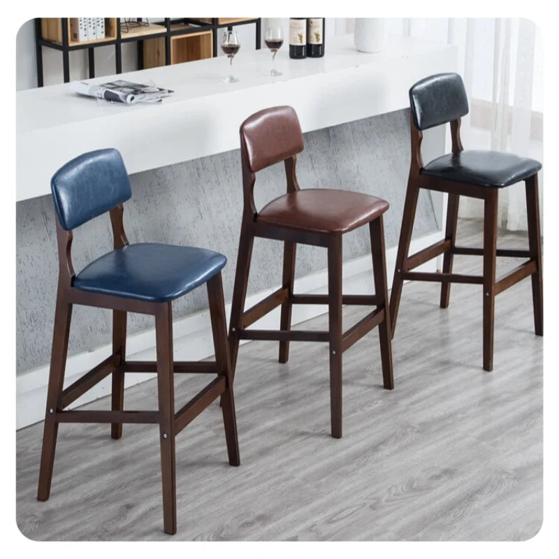 Scandinavian Style Solid Wood Vintage Textured Leather Leisure Bar Stool American High Stools