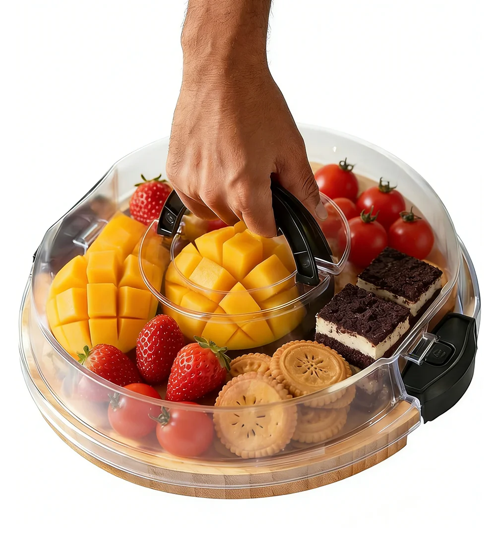 Bamboo Round Cheese Board With Cover Travel Charcuterie Board With Lid Special Wedding Gifts Plastic Cover With Handle