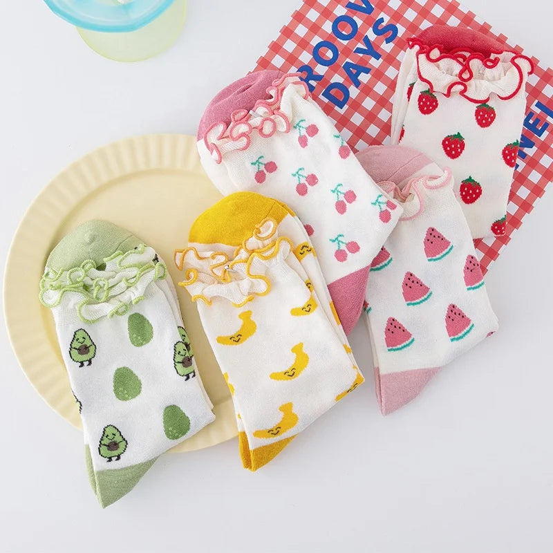 Wholesale Korean Kawaii Cherry Avocado Fruit Socks Aesthetic Funny Cute Ruffle Cotton Crew Socks for Women