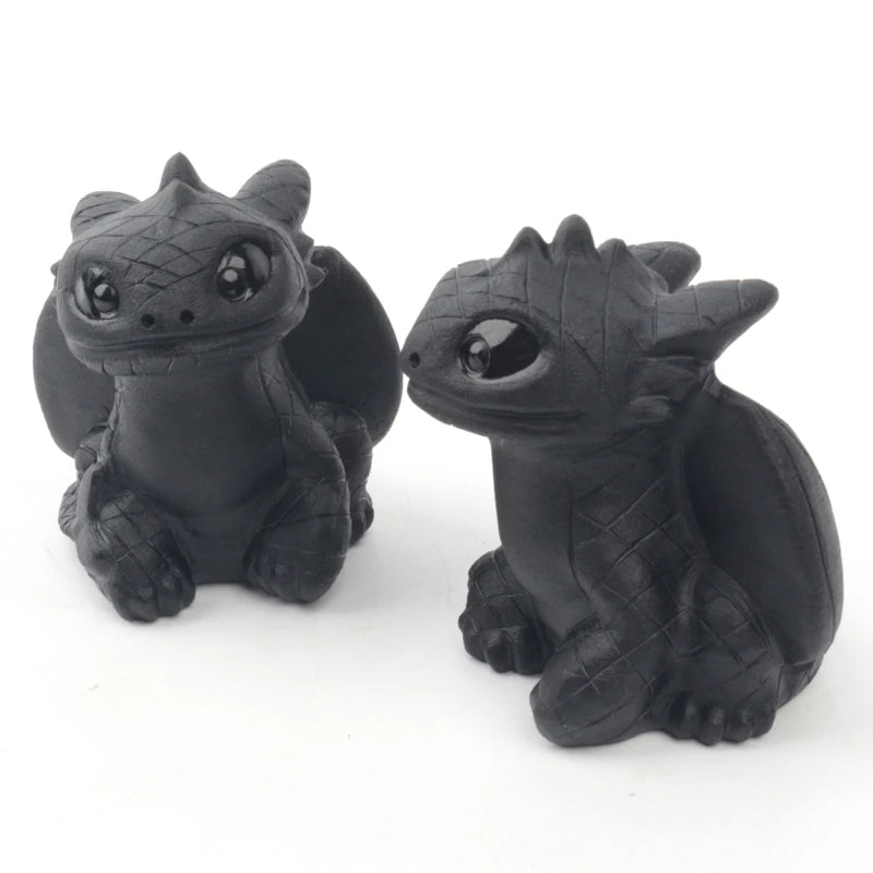 Hand Carved Crystal Stone Anime Figure Carving Black Obsidian Toothless Dragon Statue Figurine