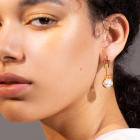 18K Gold Plated Brass Jewelry Oval Link Chain Imitation Pearl Pendant Drop Earrings E191142