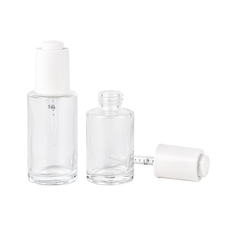 Luxury 30ml Clear Glass Dropper Bottle with Press Button Lid Unique Essential Oil Cosmetic Packaging