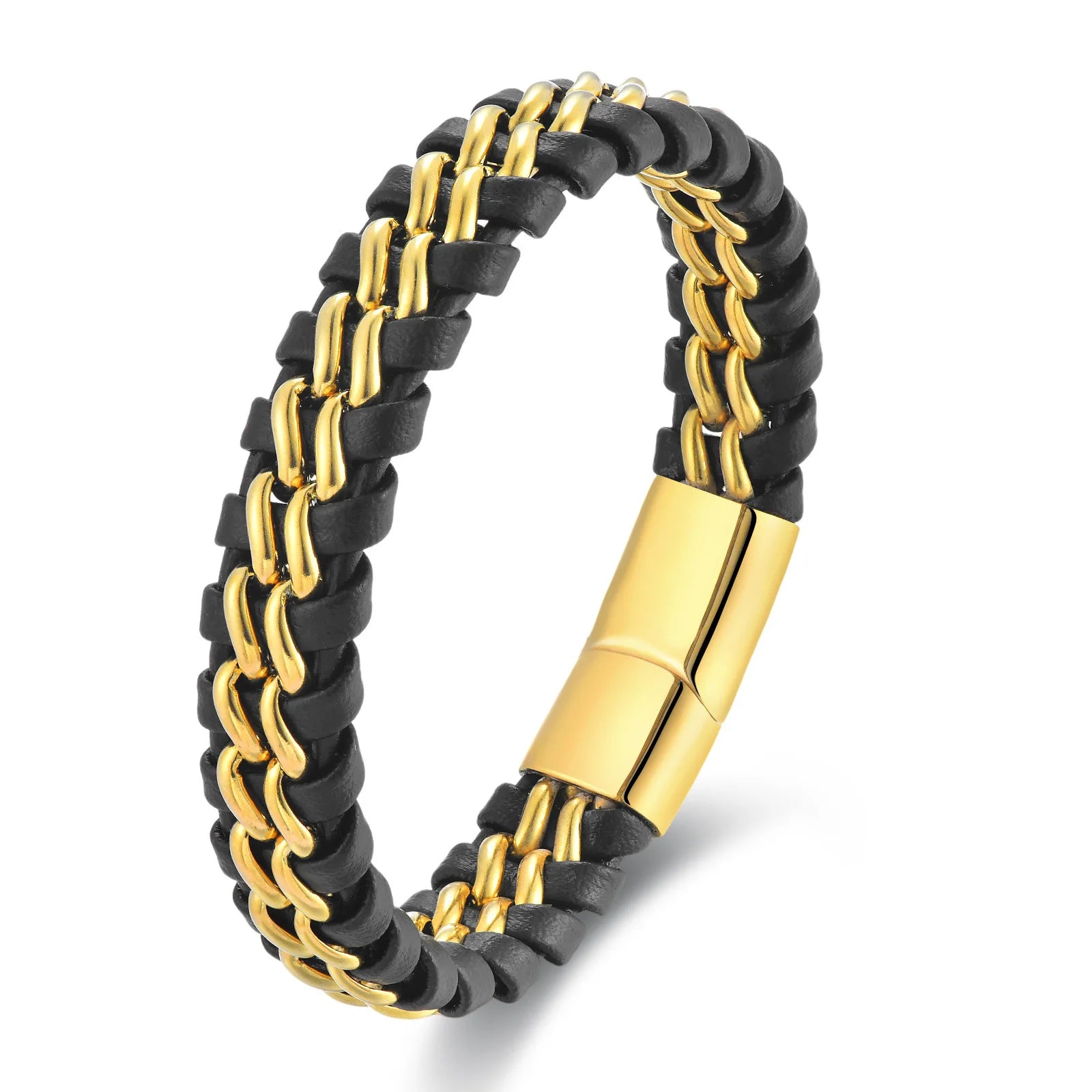 Best Selling Real Leather Bracelet Men's Vintage Stainless Steel Two-layer Chain Bracelets Woven Leather Bracelet OT-320