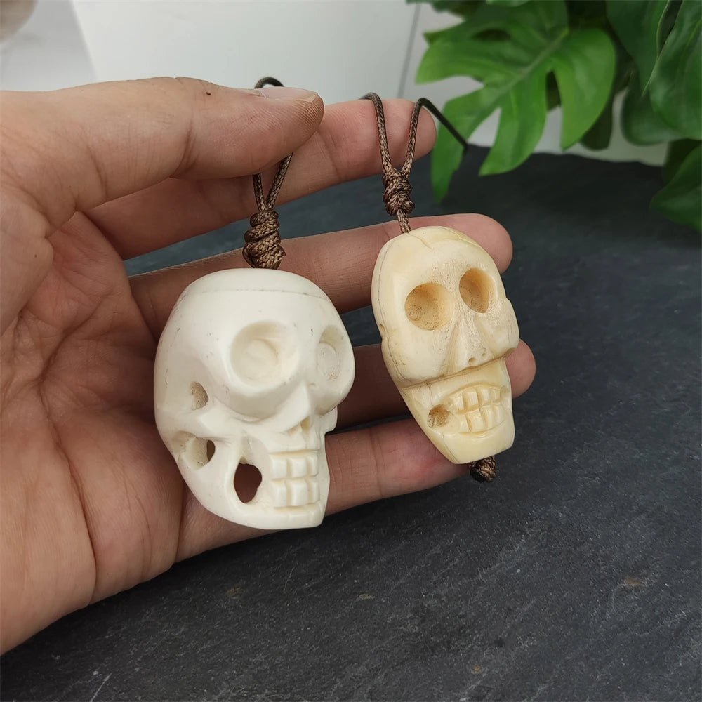 Fashion Handmade Jewelry Natural Baffalo Cattle Bone Carved Skull Head Pendant Cow Ox Charms Rope Necklace for Men Jewelry