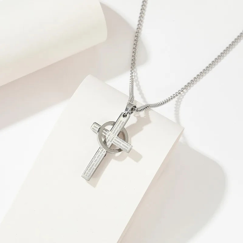 New Arrival Hip Hop Ring Cross Snake Herringbone Chain Lords Prayer Pendant Titanium Steel Necklace for Gift