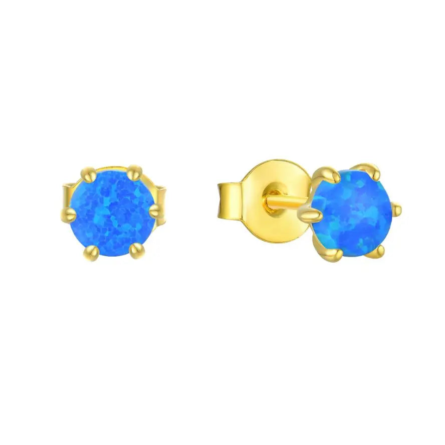 Hypoallergenic Gold Plated Blue Opal Stud Earrings 925 Sterling Silver Minimalist Design Opal Stud Earrings for Women