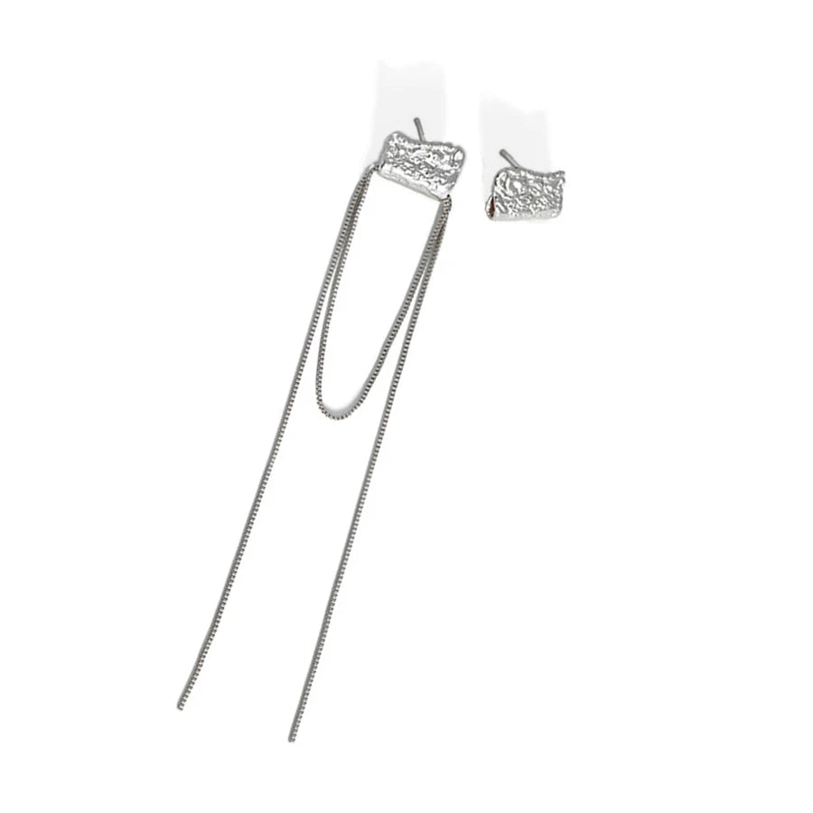 WMEF396 Factory Direct Selling 925 Sterling Silver Folded Square Asymmetrical Long Tassel Stud Earring