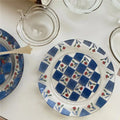 Korean Flower Glass Plate Vintage  Blue Grid Glass  Cake Dessert Plate