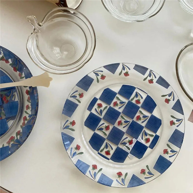 Korean Flower Glass Plate Vintage  Blue Grid Glass  Cake Dessert Plate
