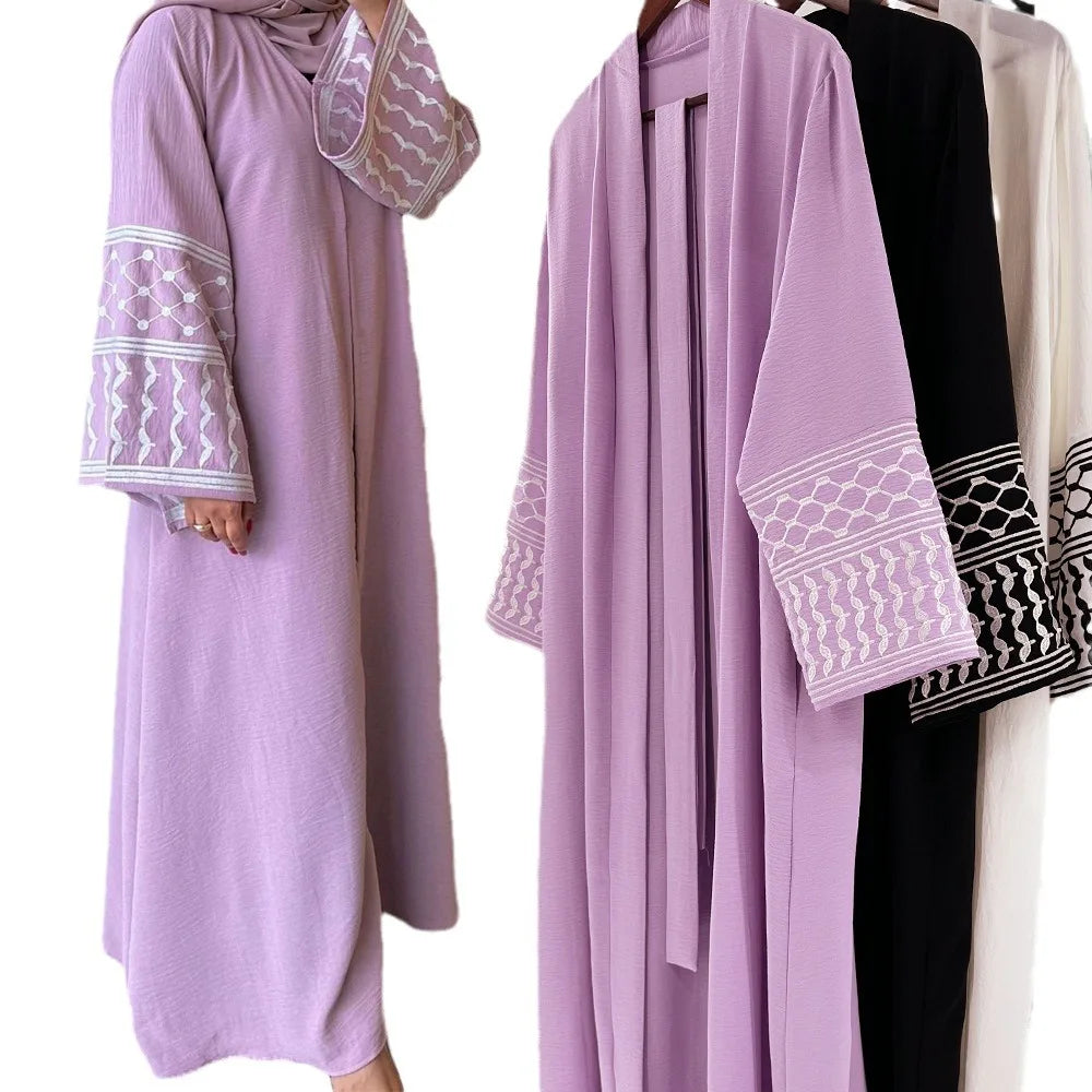Plain Color Embroidery Pattern Cuff Crepe Fabric Moroccan Women Kaftan  Dress