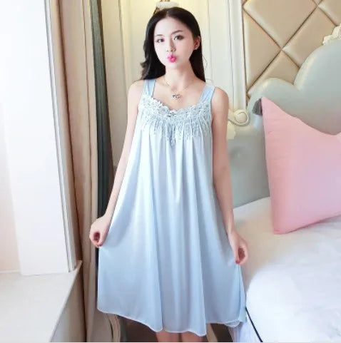 Lady Elegant Lace Trim Nightgowns Sleeveless Ice Silk Midi Nightdress Women Thin Loose Summer Sleepwear