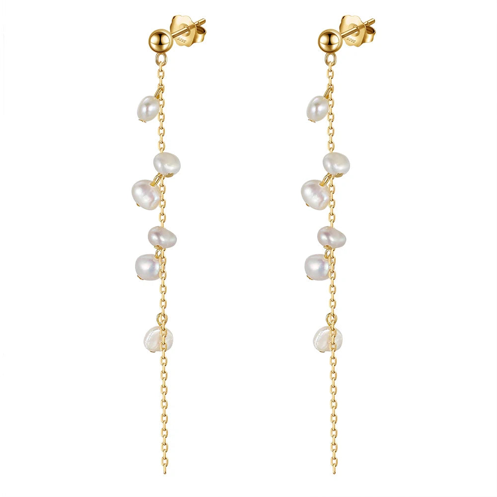 RINNTIN GPE08 Handmade Personality Branch Tassel Earings 925 Silver 14K Gold Plated Real Cultured Pearl Earrings for Women