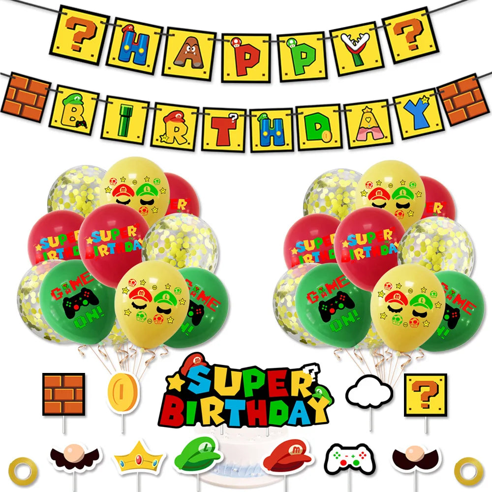 Mario Game Theme Pull Flag Banner Latex Balloon Set for Children's Kids Birthday Party Background Wall Decoration Wholesale