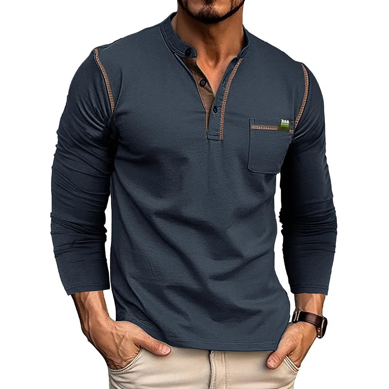 2025 New Wholesale Retro Long Sleeve Cropped Fit T-Shirt Button Solid Color Men's Polo T-Shirt