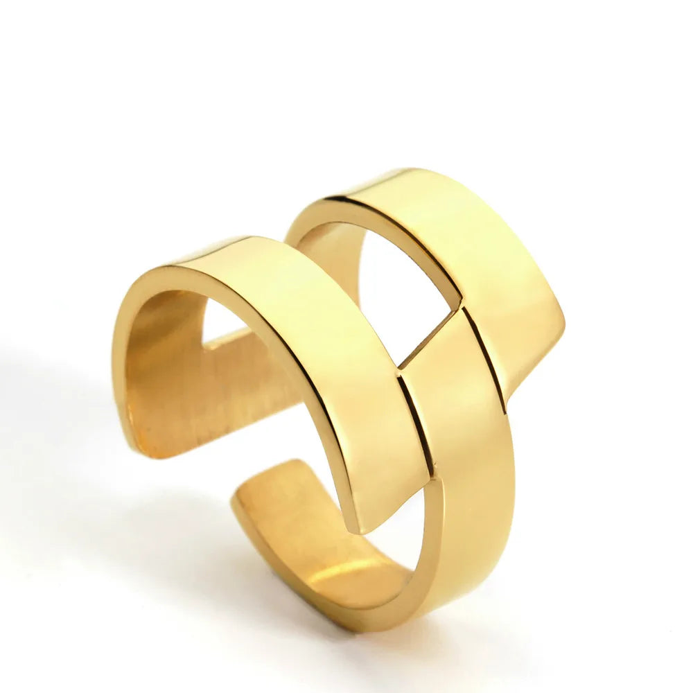 Gold Color Punk Abstract Geometry Ring Women Minimalist Geometric Stainless Steel Finger Rings Classic Style Copper Inlay Party