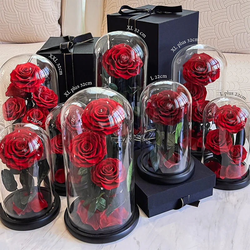 E Valentine's Day Wholesale Gift Real Flower Gift Forever Long Lasting Preserved Roses Flowers With Dome Glass