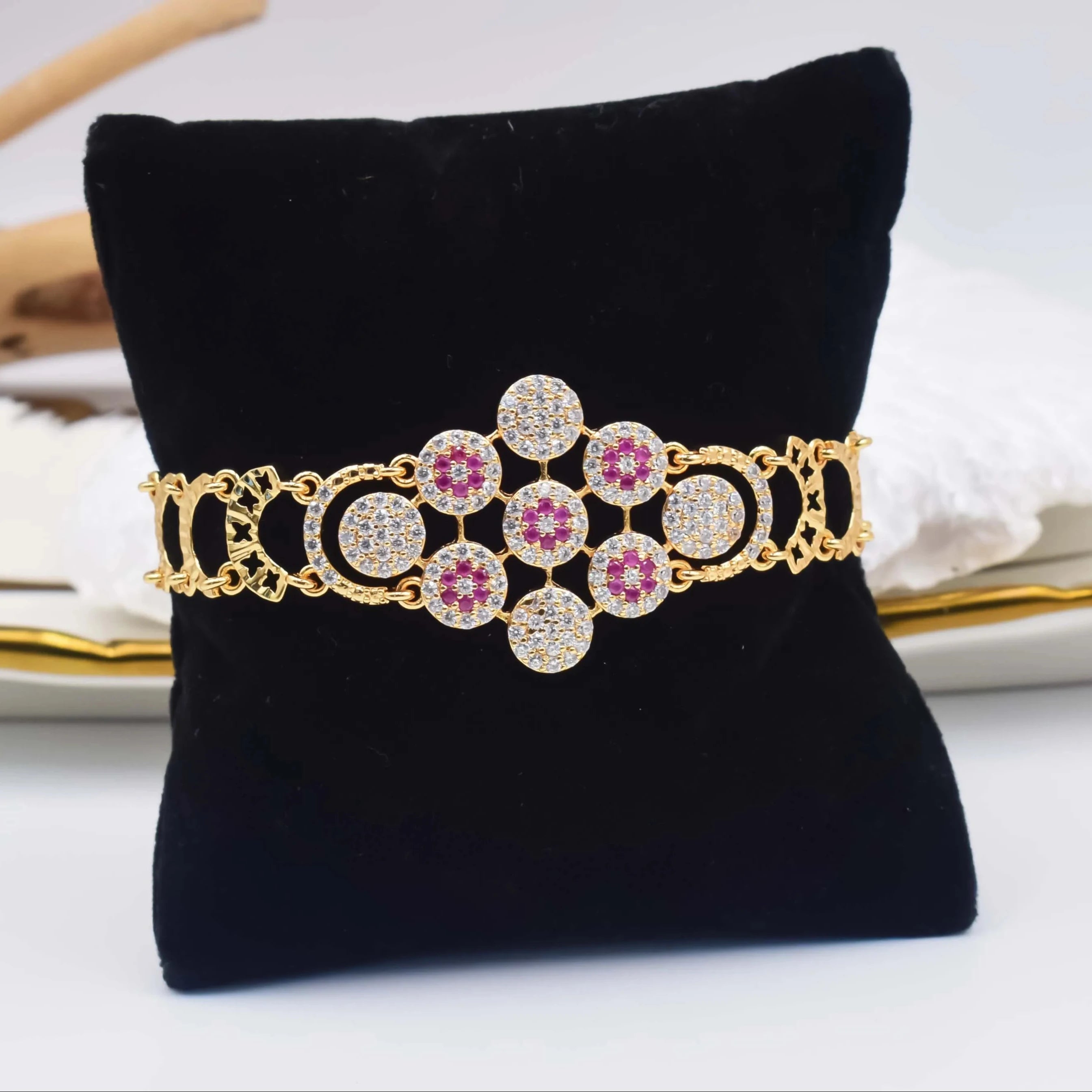 Saudi Gold Design Weddings Zircon Bracelet Dubai Bridal Party Brass 18K Gold Plated Bracelet Women Flower Copper Bracelets