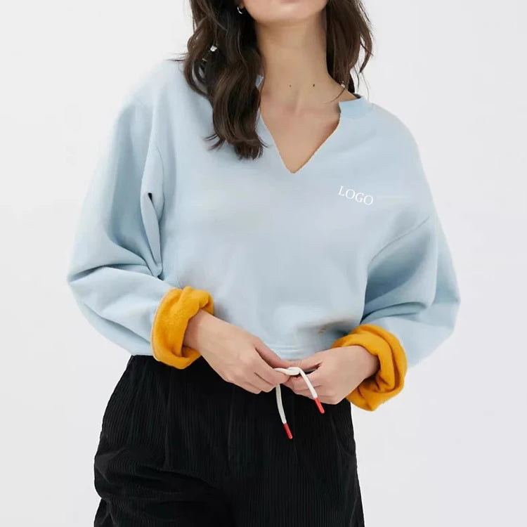 F230545 Custom OEM Manufacturer Fashion Crop Top Long Sleeve Sweatshirt Womens Cotton Fleece Crop Top V Neck Sweatshirt