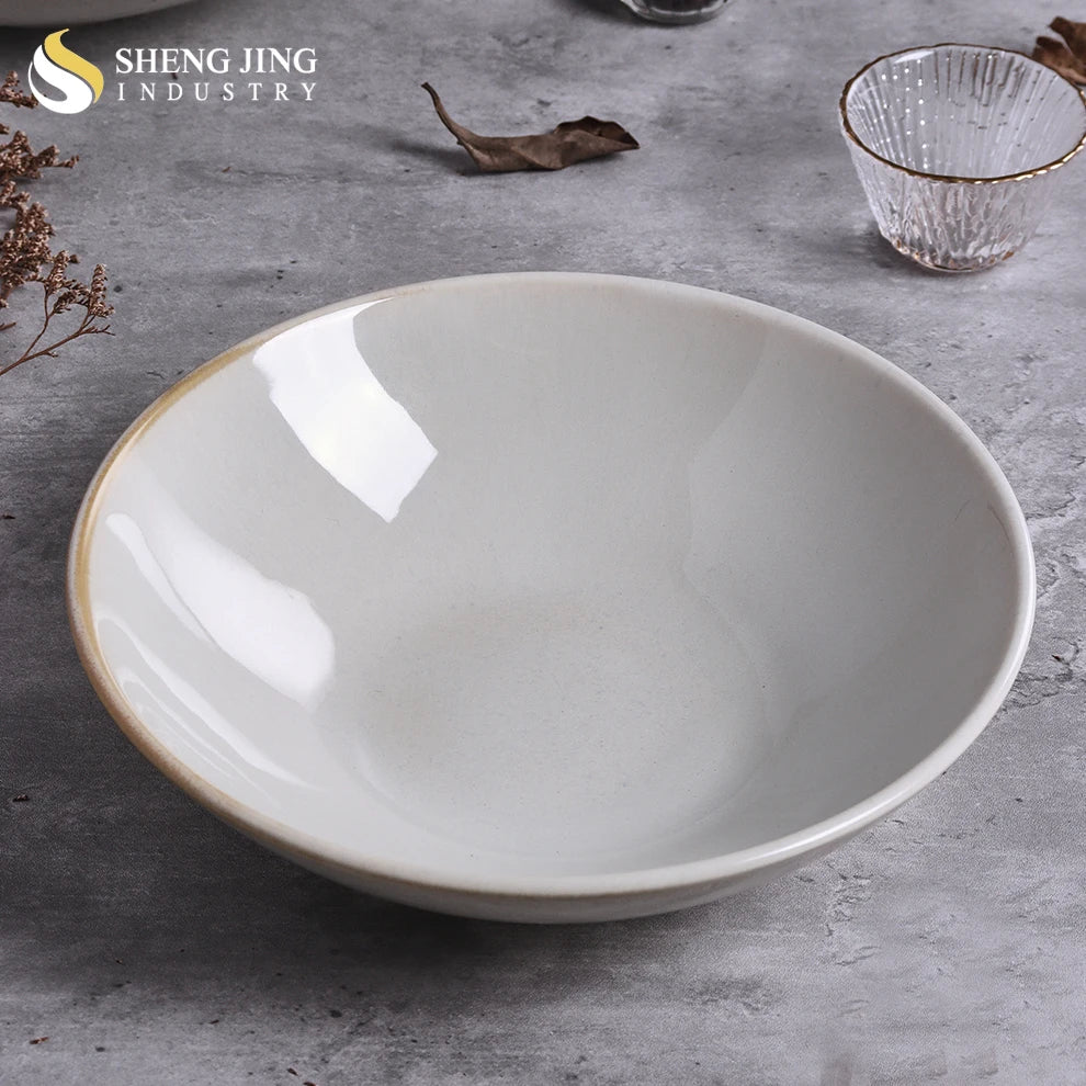 Wholesale Custom Logo Vintage Rim Beige White Glaze Ramen Soup Salad Porcelain Restaurant Bowl