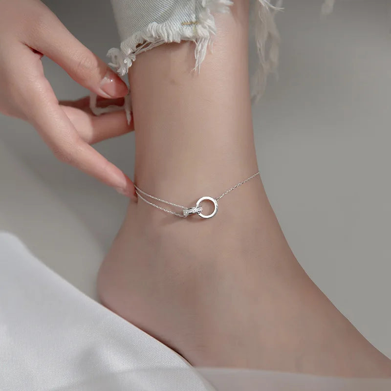 S925 Sterling Silver Simple love Anklet Double Ring Leg Chain Suitable for Fashion Girls Women Gift Accessories