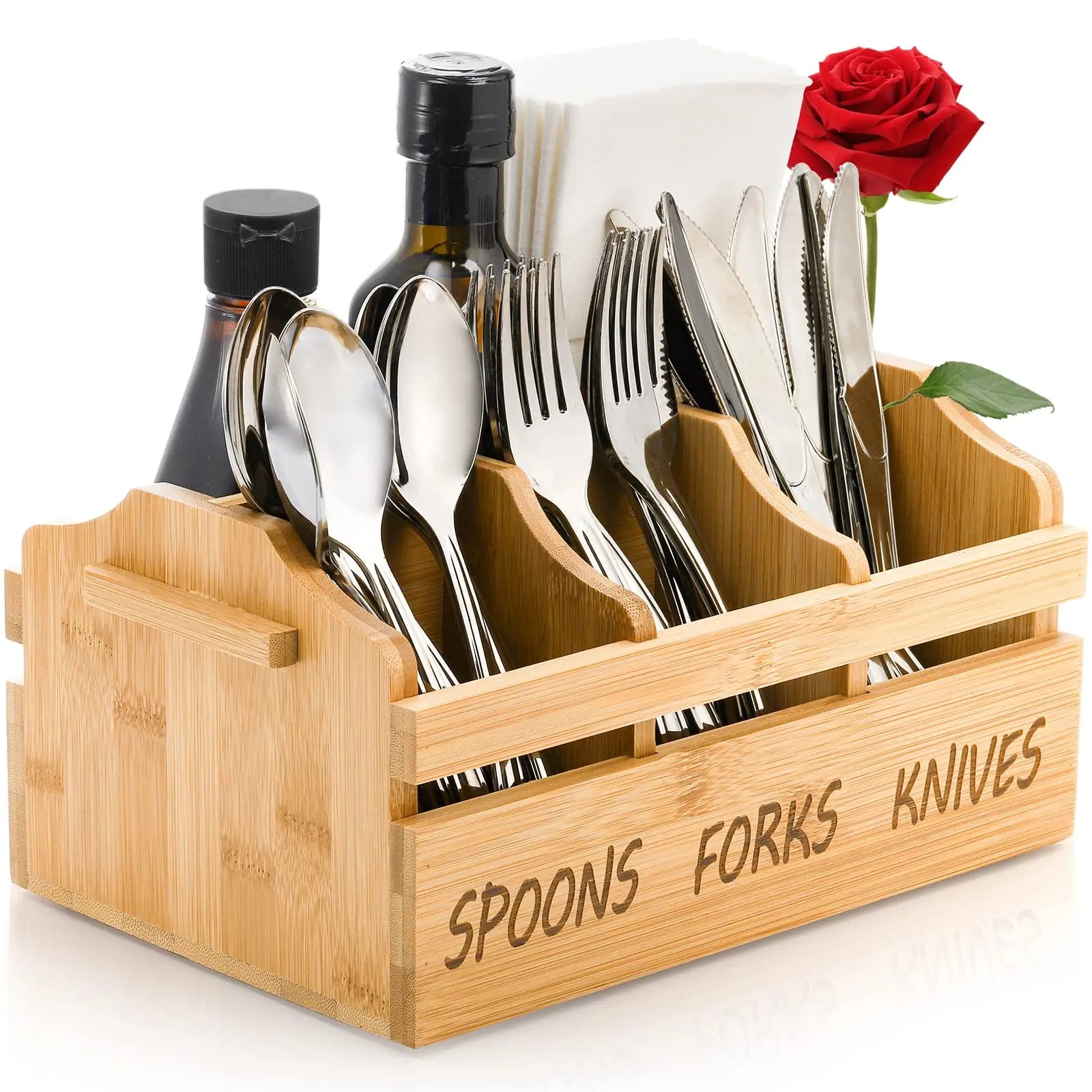 Silverware Holder Caddy Wooden Utensil Holder Flatware with Handle Eco-friendly Kitchen Countertop Forks Spoons  Knives  Napkins
