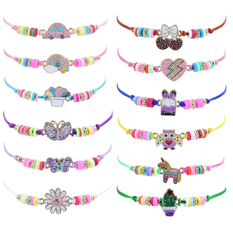 Colorful Rainbow Hand Jewelry Flower Butterfly Unicorn Kids Necklace and Bracelets Polymer Clay Bead Bracelet for Children Girls