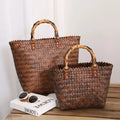 2026 PP Woven Casual Tote Beach Basket Handbag with Two Bamboo Handles Large Capacity Waterproof Handmade Summer Bag