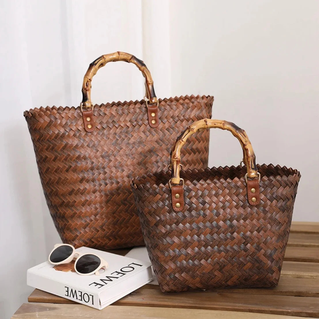2026 PP Woven Casual Tote Beach Basket Handbag with Two Bamboo Handles Large Capacity Waterproof Handmade Summer Bag