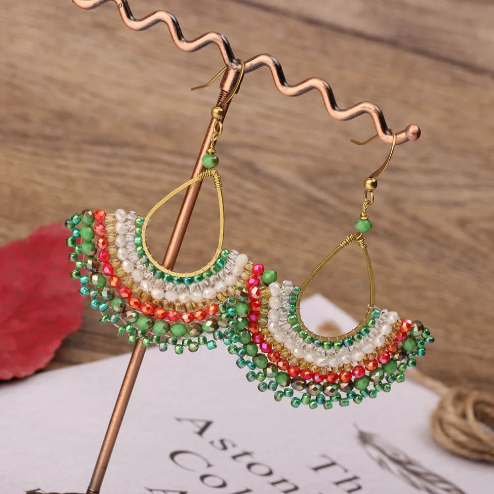 Bohemian Beach Chic Handcrafted Green Crystal Fan-Style Earrings With a Vintage Twist