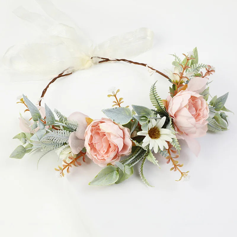 Wholesale Adjustable Fabric Wedding Crown Headband Bridal Wreath Tiara Artificial Flower Garlands Rhodium Plated Agate Onyx for