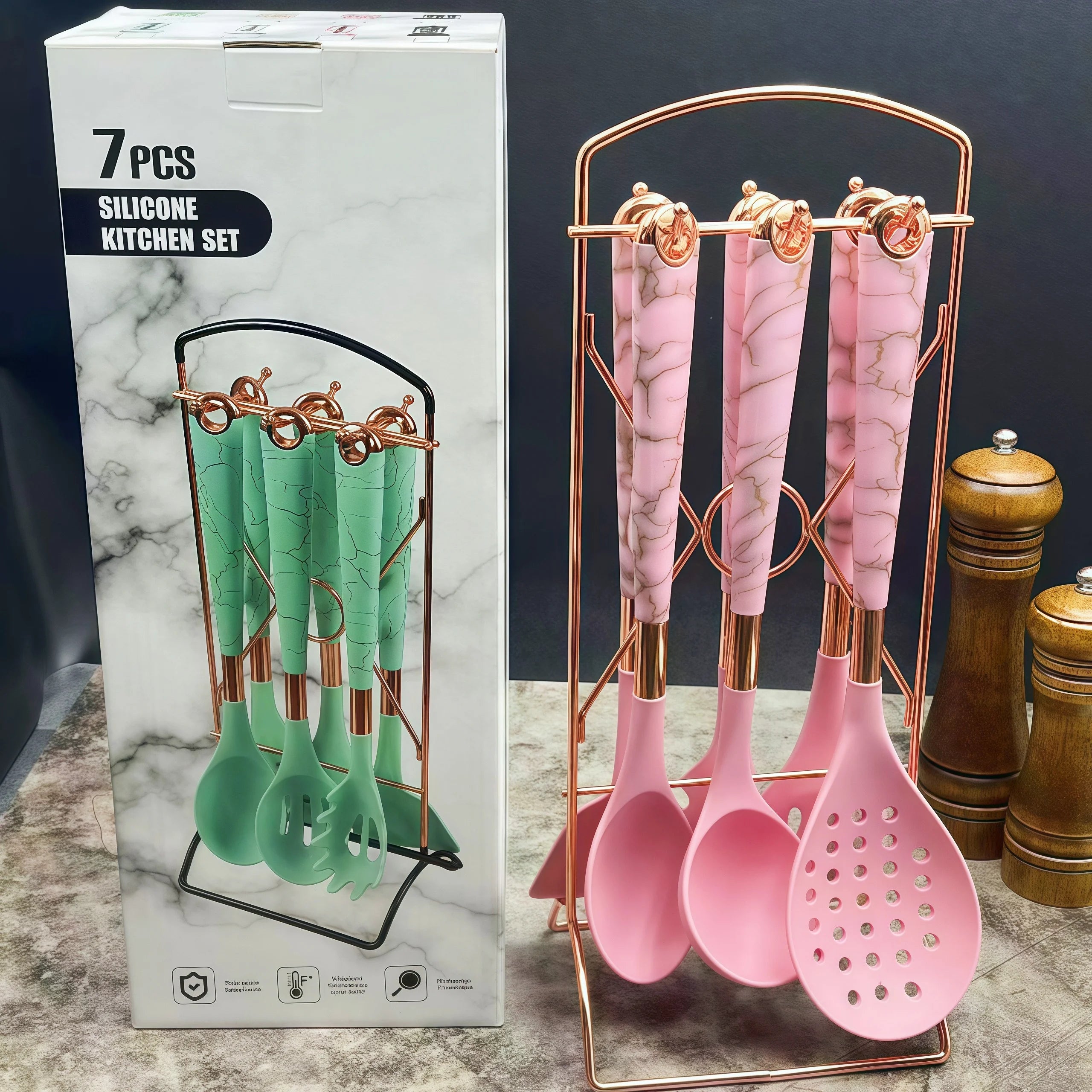 7-Piece Non-Stick Silicone Kitchen Cooking Utensil Set Coated Handle Spatula Pan Shovel Cross-Border Storage Rack Food