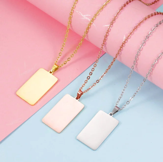 Customizable Geometric Blank Necklaces 18K Gold Plated Mirror Stainless Steel Rectangular Laser Tag Pendant Chain Necklace