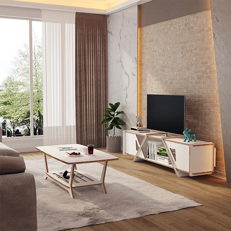 Modern No Screws Plywood TV Cabinet Stand with Drawer Storage for Living Room Farmhouse Bedroom Entry MegaBDM