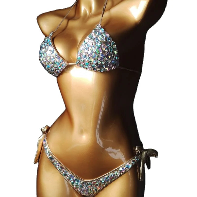 Luxury Swimwear Shiny Diamond Crystals Bikini Stripper Bling Top Rhine Beautiful Sexi Open Bikini