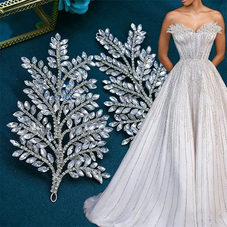 WHD-066 Superior Leaves Patches Clothing Decoration Handmade Rhinestone Crystal Applique to Sew-on Dress