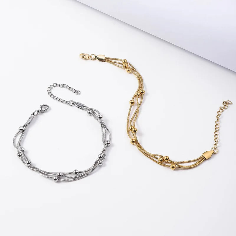 Trendy Minimalist Jewelry Stainless Steel Three-Layer Beads Snake Chain Bracelet Woman