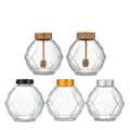 Empty 250g 500g Hexagon Food Grade Pot De Miel Glass Honey Jar With Bamboo Lid Wooden Dipper for Honey Syrup Beehive Storage