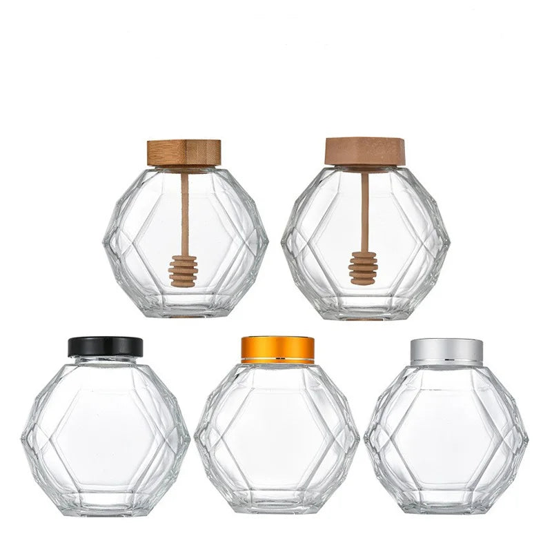 Empty 250g 500g Hexagon Food Grade Pot De Miel Glass Honey Jar With Bamboo Lid Wooden Dipper for Honey Syrup Beehive Storage
