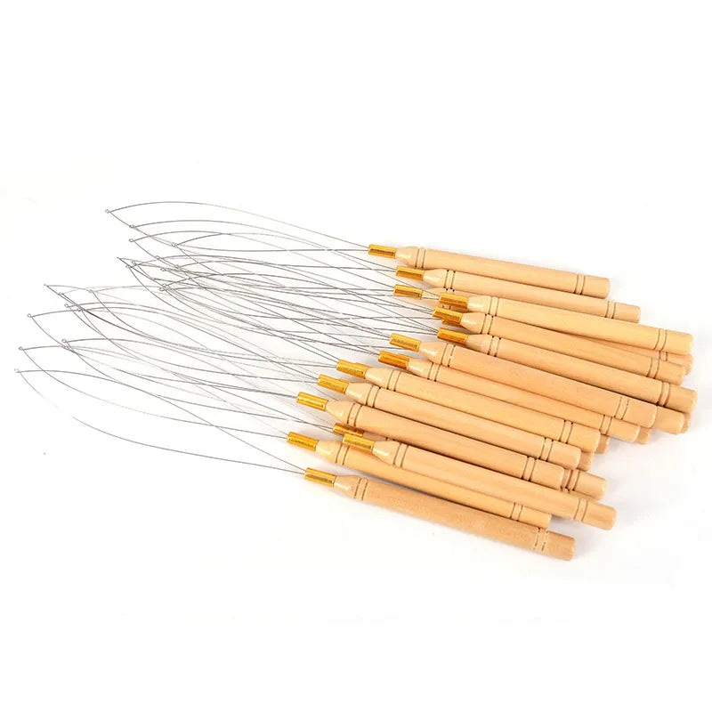 Hair Extension Loop Needle Threader WoodenLoop Needle Pulling Hook Tool and Bead Device Tool for Hair Extension