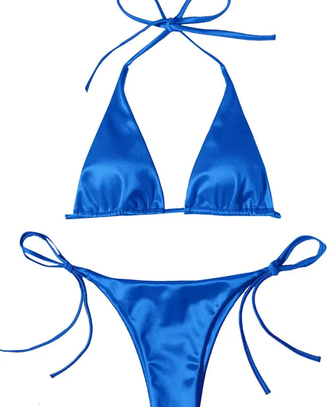 STOCK 13Colors Double Lined Fabric Seamless Bikini Triangle Top Ties Basic Plain Satin Swimwear Women Brazilian Swimsuit S-L