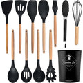 Hot Sale 12-Piece Non-Toxic Food Grade Kitchen Utensils Set Wooden Handle Gadgets with Silicone Cookware for Cooking