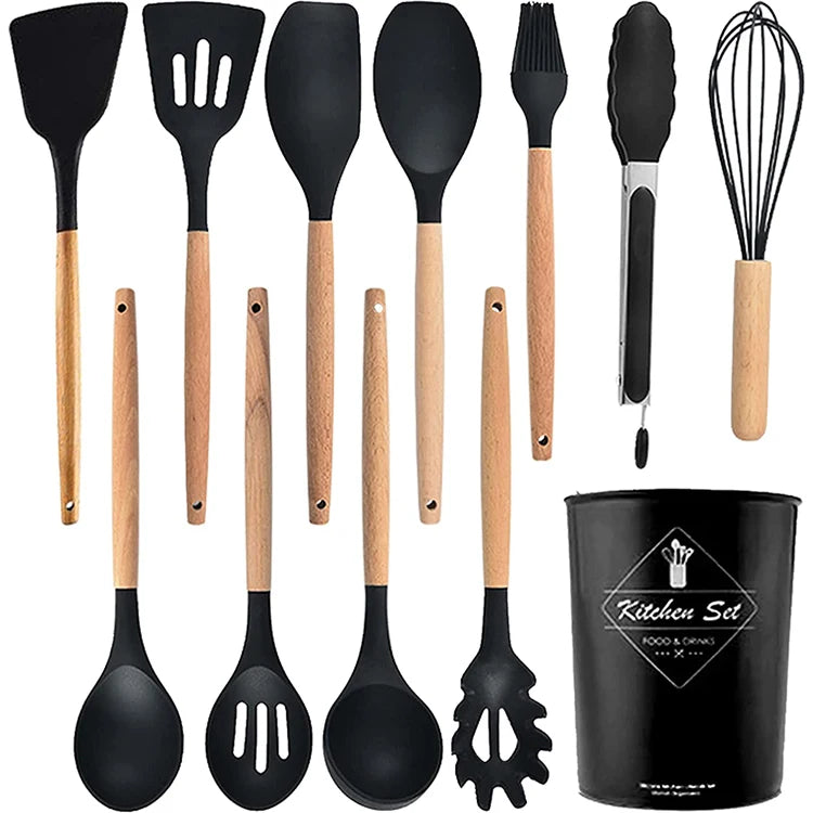 Hot Sale 12-Piece Non-Toxic Food Grade Kitchen Utensils Set Wooden Handle Gadgets with Silicone Cookware for Cooking