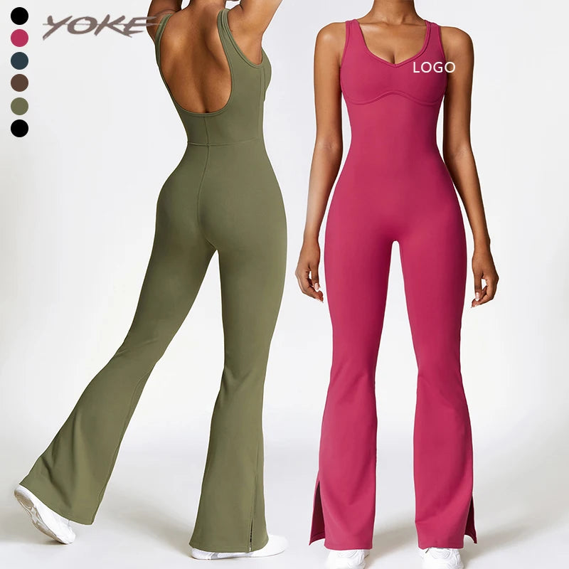 YOKE Wholesale Bell Bottom Legging Fit Round Neck Tight Bodysuits Soft Backless Gym Fitness Set Sports Women Jumpsuit