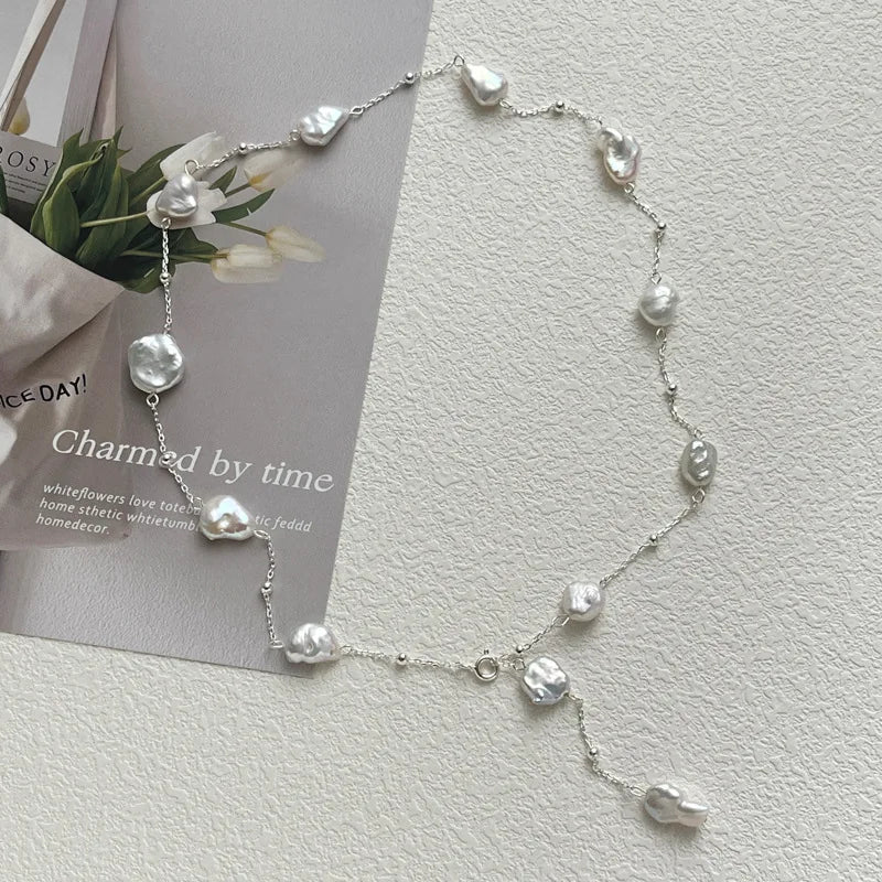 Ocean's Midnight Bloom Handmade Baroque Pearl Necklace in 925 Sterling Silver Each a Unique Silver-Wrapped Mystery