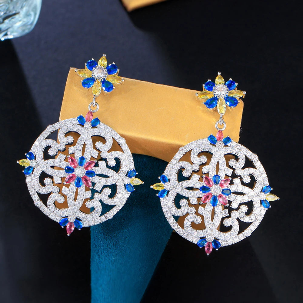 Vintage Ethnic Lady Jewelry Cubic Zirconia Luxury Long Big Round Drop Earrings for Women Dubai Middle East Style Earring Jewelry