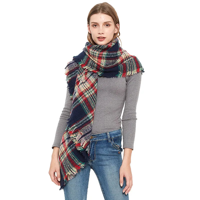 New Womens Warm Square Shawl Wraps Large Scarves Knit Cashmere Feel Plaid Scarf Capelet