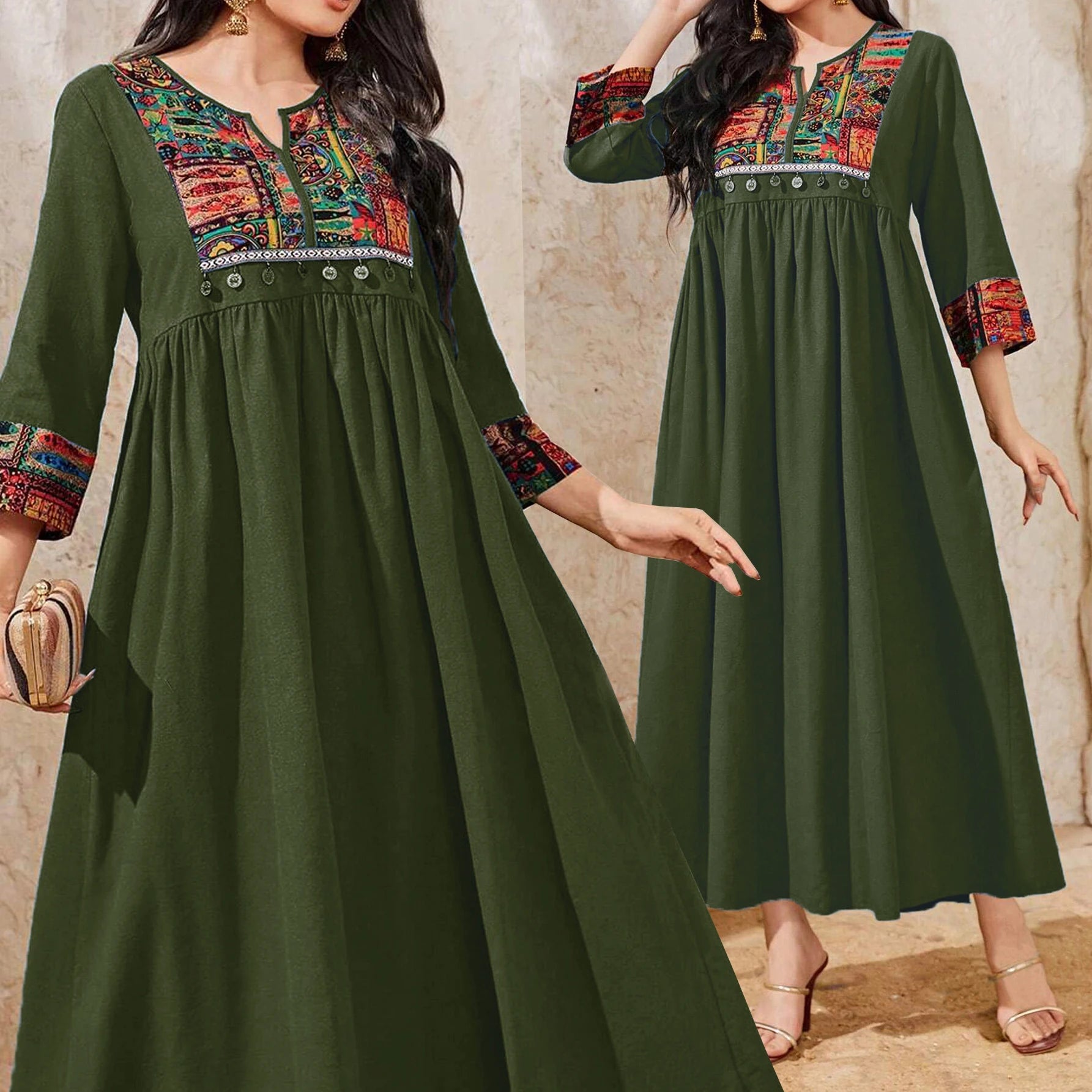 New Style Muslim Women Clothing Dresses O Neck Tassel Dark Green Ruffled Arabic Abaya Casual Dress for Muslimah