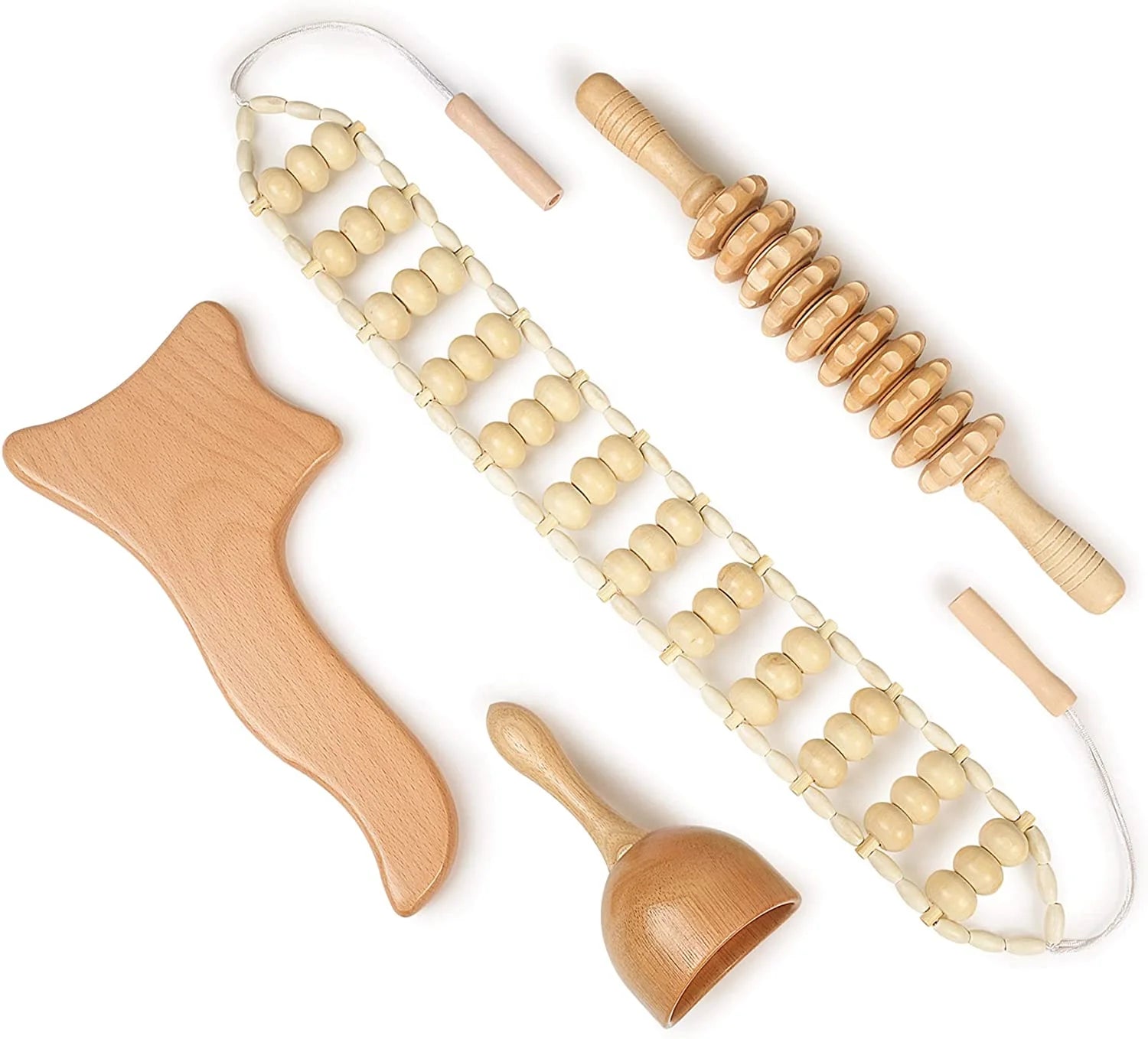 Body Sculpting Tools 4 in 1 Wooden Massage Tools Guasha Board Rolling Stick for Muscles Massage Set